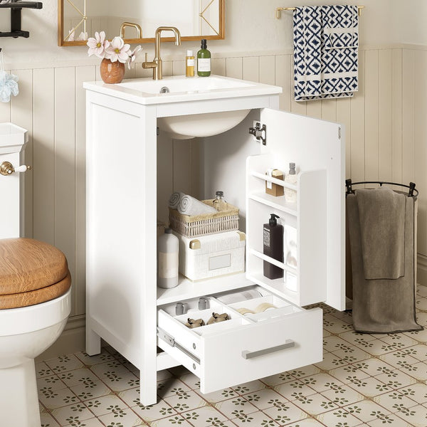 English Elm 18-Inch Modern Bathroom Vanity with Ceramic Sink, Soft-Close Doors, Divider Drawer & Adjusting Feet White N729P334854K