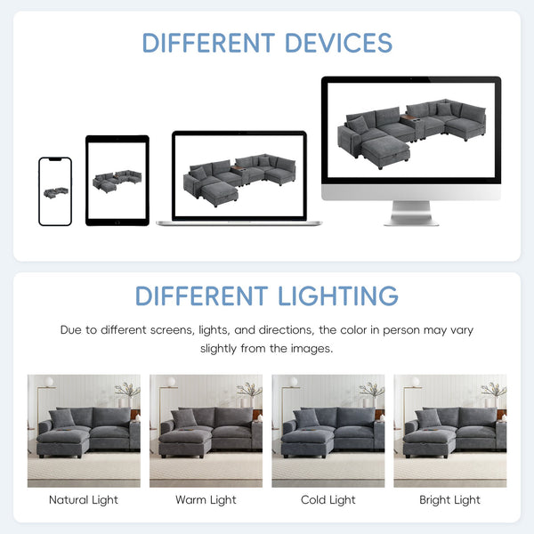 English Elm 140'' Oversized Modular Sectional Sofa with Movable Storage Ottoman, USB Charger, Console, 6-Seater U-Shaped Corduroy Gray N723S0166E