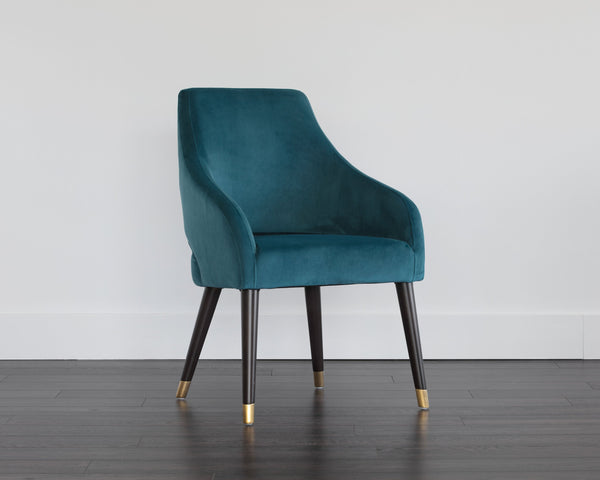 Sunpan Adelaide Dining Armchair - Modern Comfort with Elegant Sloping Arms and Antique Brass Accents Timeless Teal