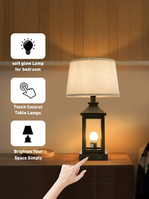 English Elm 20.5in Vintage Table Lamp Set of 2 Rustic Farmhouse Nightstand Lamps with Linen Shade & USB Ports Black W2312P389974