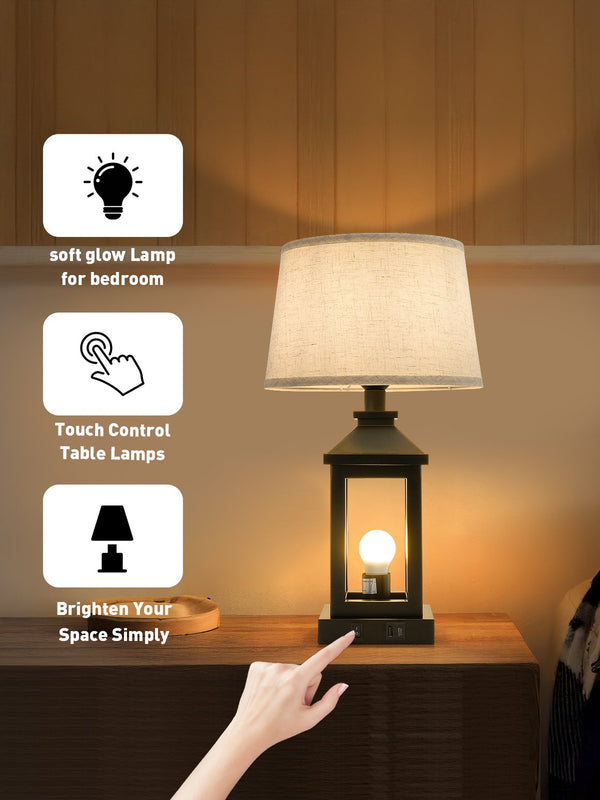 English Elm 20.5in Vintage Table Lamp Set of 2 Rustic Farmhouse Nightstand Lamps with Linen Shade & USB Ports Black W2312P389974