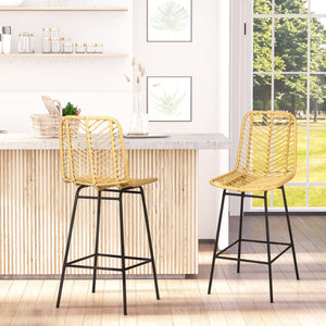English Elm HOMCOM Boho Rattan Counter Stools Set of 2 26" Height Breathable Wicker Seats Steel Frame, Yellow W2225P200469