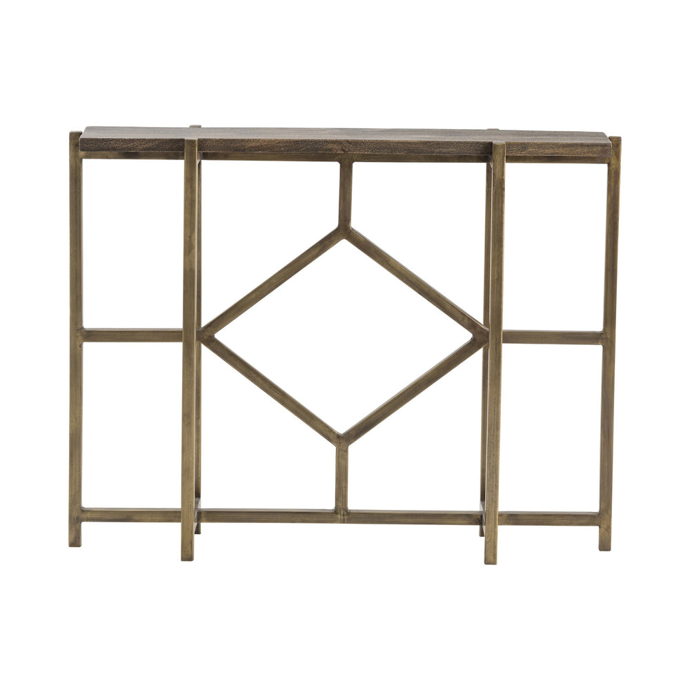 Crestview Collection Geometric Metal & Wood Console Table – Antique Brass Frame With Slim Mango Top For Stylish Storage Gold Solid Wood Cvfnr672