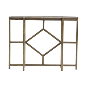 Crestview Collection Geometric Metal & Wood Console Table – Antique Brass Frame With Slim Mango Top For Stylish Storage Gold Solid Wood Cvfnr672