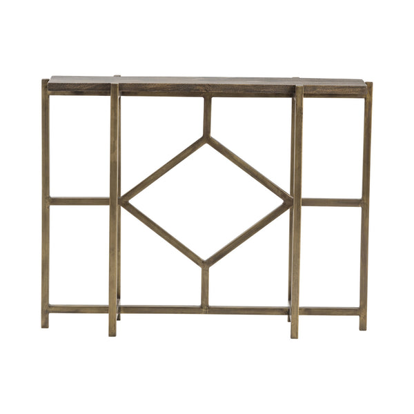 Crestview Collection Geometric Metal & Wood Console Table – Antique Brass Frame With Slim Mango Top For Stylish Storage Gold Solid Wood Cvfnr672