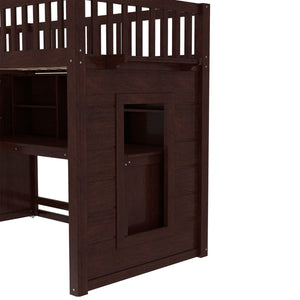 English Elm Twin Loft Bed with Movable Desk Open Shelving and Storage Stairs in Espresso W1580S00336