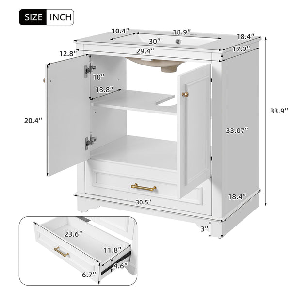 English Elm 30" Elegant Bathroom Vanity with Ceramic Sink, French-Inspired Compact Cabinet with Drawer & Shelf White N710P317676K