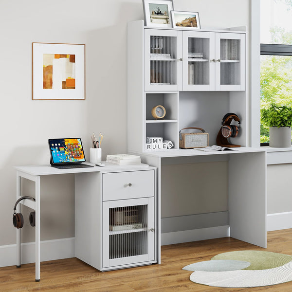 English Elm Computer Desk with Glass Doors and Hutch, Spacious 4-Cabinet Storage, Drawer & Rotating Top White W331S00194