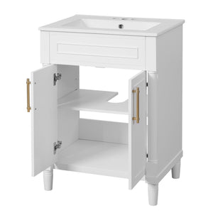 English Elm 24" Bathroom Vanity with Integrated Ceramic Sink and Adjustable Shelf, Vintage Hardware, Space-Saving Design White N710P277711K