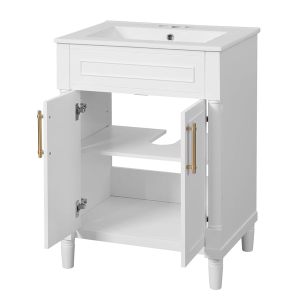 English Elm 24" Bathroom Vanity with Integrated Ceramic Sink and Adjustable Shelf, Vintage Hardware, Space-Saving Design White N710P277711K