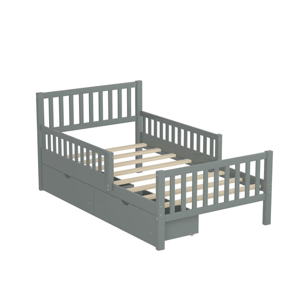English Elm Twin Pinewood Platform Bed with Headboard, Guardrails & Two Underbed Drawers for Storage Gray 70.6 L x 17.1 W x 5.9 H N733P172696E