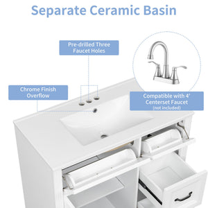 English Elm 36 Inch Bathroom Vanity With Sink – Modern Design, Soft-Close Drawers & Adjustable Storage Shelf, White Finish N725P336549K