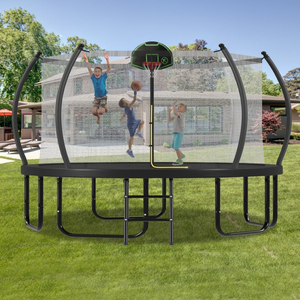English Elm 14ft Round Outdoor Trampoline Galvanized Steel Frame Safety Net Basketball Hoop N739S000014B