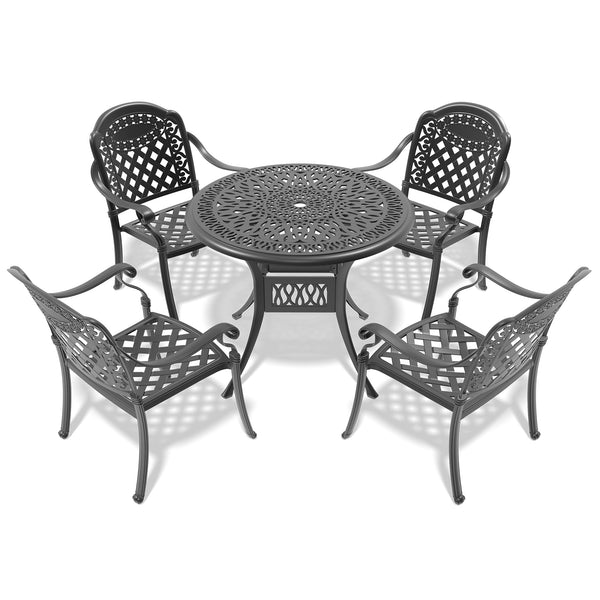 English Elm 5-Piece Elegant Cast Aluminum Patio Set With Red Cushions For Stylish Outdoor Dining & Relaxation W1710S00052
