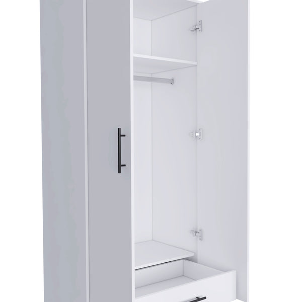 English Elm Ambery 180 White Armoire 71" High – Spacious Top Shelf, Hanging Rod, Bottom Drawer, Particleboard Design B200S00173