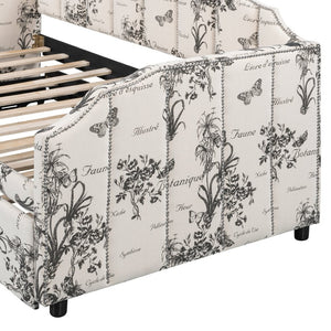 English Elm Twin Linen Upholstered Daybed with Pop up Trundle and Built in Usb Charging White Tossed Botanical SF000199AAZ