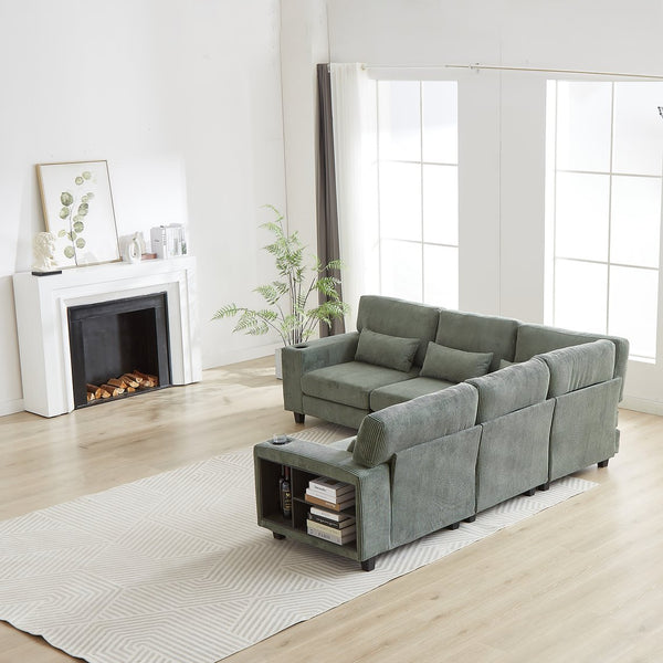 English Elm 102.75*102.75" L-Shaped Modular Sectional Sofa with Corduroy Upholstery, Storage Arm, Cup Holder, 5-Seat Convertible Lounge Green W1926S00054