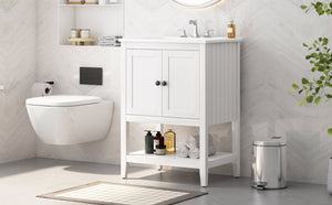 English Elm 24" Morandi White Bathroom Vanity with Ceramic Sink, Solid Wood Frame & Open Shelf, Modern Elegance N725P189823K
