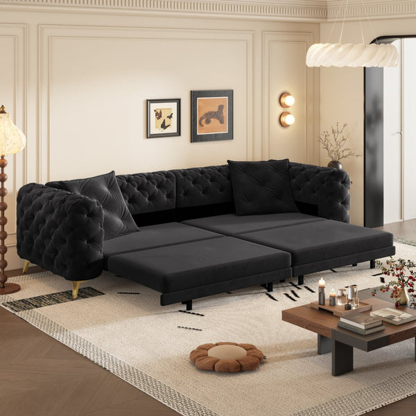 English Elm 97.6" Oversized Velvet Chesterfield Sleeper Sofa Floral Tufted Roll Arm Living Room Couch Black W1885S00410