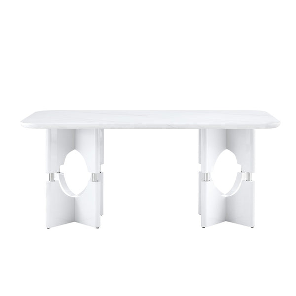 English Elm Modern Marble Print Mdf Dining Table Sculptural Hollow Frame Metal Accents Small Space White W3875S00026