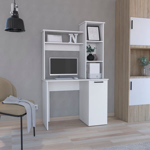English Elm Carson White Computer Desk with Hutch, 25.8" Work Surface, Single Door Cabinet, 3-Tier Shelves, Modern Storage Solution B200P188876