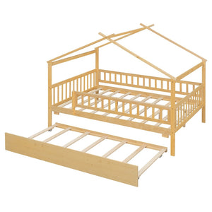 English Elm Full Size Pine House Bed with Roofline Frame and Roll Out Twin Trundle for Kids Natural LP100306AAN