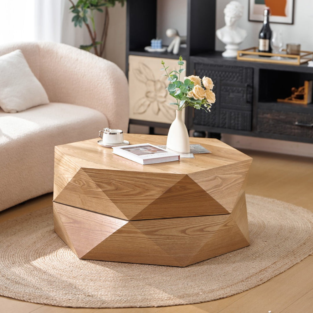 English Elm 36.61'' Polygon Flip Top Coffee Table Wood Veneer Hidden Storage Retro Living Room W757P347495
