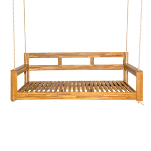 English Elm TOPMAX Acacia Wood Twin Porch Swing Bed Frame with High Back, 350lb Capacity & 118" Hemp Ropes Natural N717P265795A