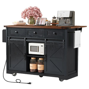 English Elm K&K 53.7" Farmhouse Kitchen Island with Drop Leaf, Sliding Barn Doors, Built-In Power & Wheels Black N707P170347B