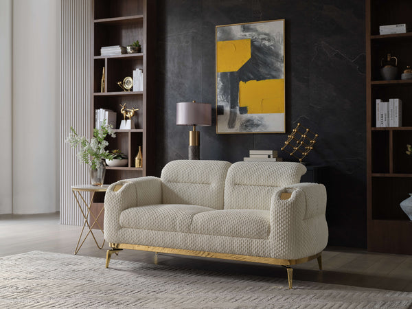 English Elm Zoe Luxe loveseat with gold-accented legs and armrest trim, cut chenille upholstery, ergonomic lumbar support Cream G150109331