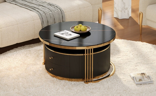 English Elm Modern Round Nesting Coffee Table Set with Gold Pedestal Legs and Storage Drawers Black N735P349323B
