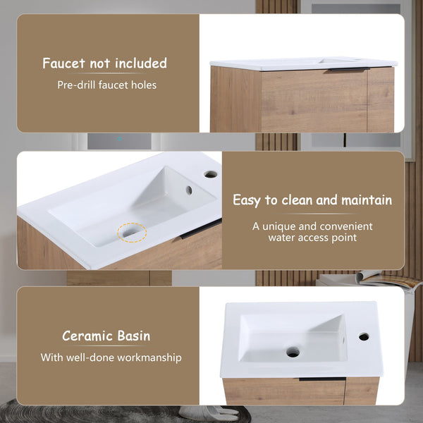 English Elm Bathroom Vanity Ceramic Sink 22" Floating Wall-Mount Vanity with Matte Black Handle and Soft Close Door Imitative Oak W99968770