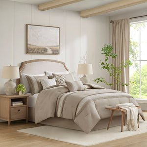 JLA Home Madison Park - 7 Vintage Lace Trim Comforter Set with Pillows — Farmhouse Pintuck Texture, Hypoallergenic, Machine Washable Taupe MP10-8347