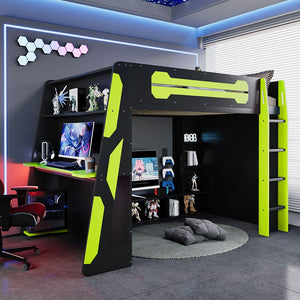 English Elm Full Size Wood Loft Bed with Rgb Lighting Desk Storage and Gaming Console Shelf Green LT000260AAG