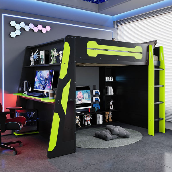 English Elm Full Size Wood Loft Bed with Rgb Lighting Desk Storage and Gaming Console Shelf Green LT000260AAG