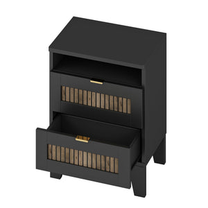 English Elm 4-Pieces Queen Platform Bed Set with Storage Nightstands & Dresser, Wooden Strip Accent, Modern Farmhouse Elegance Black 52.17 L x 18.5 W x 11.81 H HL000191AAB