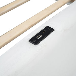 English Elm Twin Upholstered Platform Bed with Guardrail and Built-In Charging Station, Modern Sleek Design for Small Spaces White N709P186347K