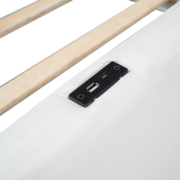 English Elm Twin Upholstered Platform Bed with Guardrail and Built-In Charging Station, Modern Sleek Design for Small Spaces White N709P186347K