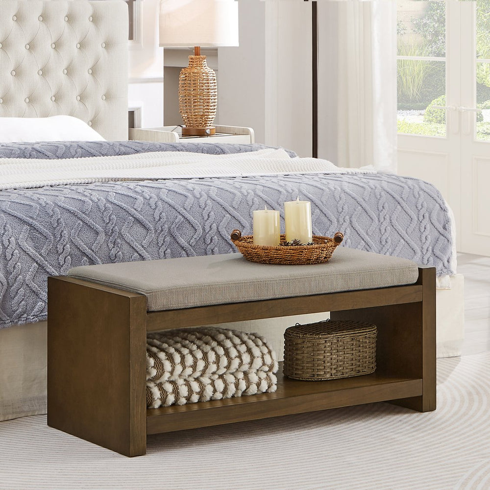 English Elm 40" Accent Bench with Lower Shelf Shoe Rack, Removable Padded Cushion, Modern Entryway Storage Stool Linen W2186P292095