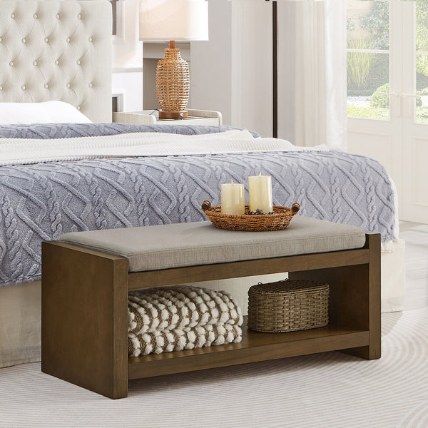 English Elm 40" Accent Bench with Lower Shelf Shoe Rack, Removable Padded Cushion, Modern Entryway Storage Stool Linen W2186P292095