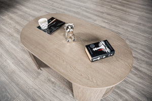 English Elm Modern Oval Coffee Table with Oak Finish, Lower Open Shelf & Optional Casters — 50"W x 28"D x 18"H, Sleek Storage Centerpiece B2741P360628