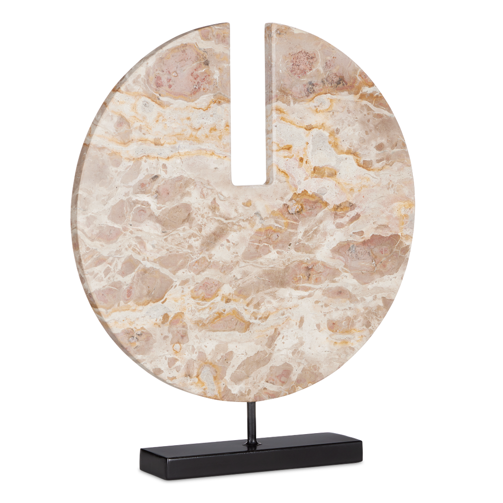 Anu Marble Disc - Unique Tan Stone Sculpture on Black Metal Base for Contemporary Home Décor