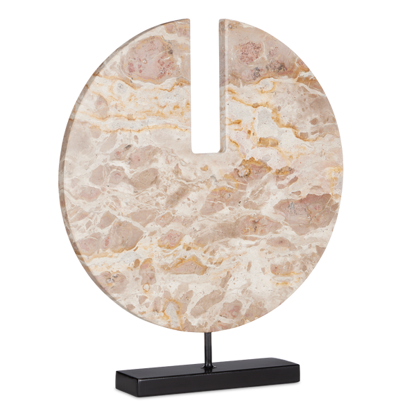 Anu Marble Disc - Unique Tan Stone Sculpture on Black Metal Base for Contemporary Home Décor