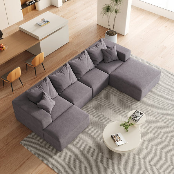 English Elm Modern Upholstered Modular Sectional Sofa Set 132" L-Shaped No-Assembly Chenille Comfort Hub with 6 Pillows Grey W834S00499