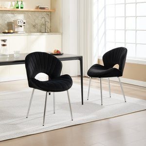 English Elm Modern Upholstered Dining Chair with Hollow Back, 21.6" Wide Velvet Seat and Silver Metal Legs, Set of 2 Black W1249P386229