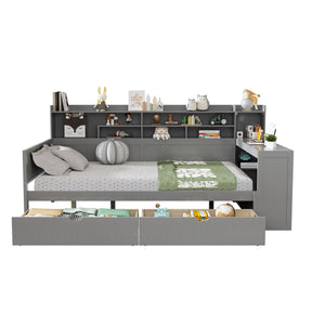 English Elm Wooden Full Size Daybed with Built-In Desk, Side Shelves and Dual Drawers for Organized Living Gray 70 L x 18.6 W x 5.5 H N733S241486E