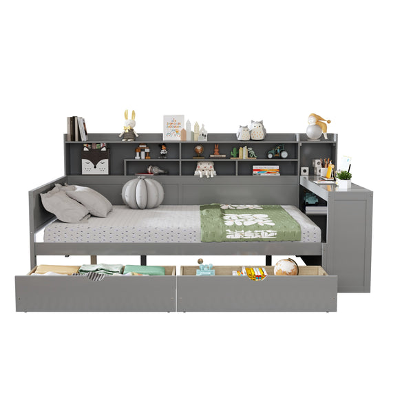 English Elm Wooden Full Size Daybed with Built-In Desk, Side Shelves and Dual Drawers for Organized Living Gray 70 L x 18.6 W x 5.5 H N733S241486E