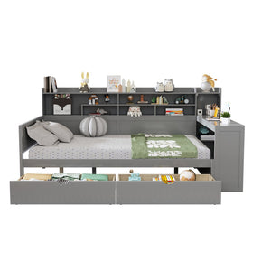 English Elm Wooden Twin Daybed with Trundle Built-in Desk and Open Shelves for Kids Rooms Gray N733S373385E