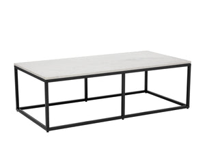 Sunpan Ellery Modern Coffee Table - White Polished Marble Top with Matte Black Steel Base, Handcrafted Elegance