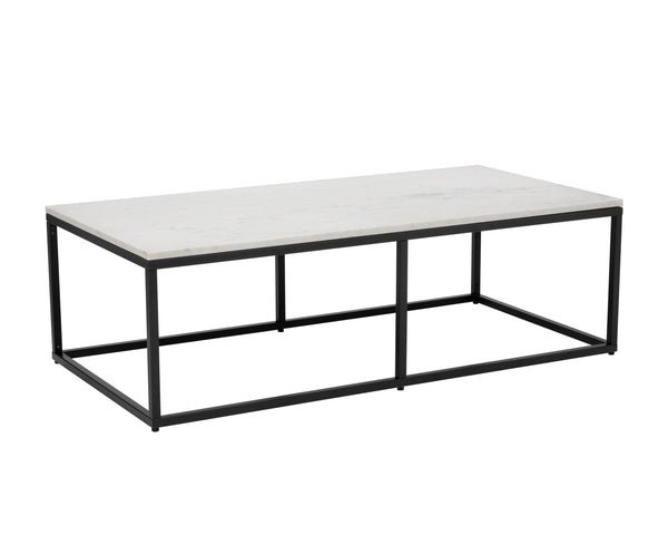 Sunpan Ellery Modern Coffee Table - White Polished Marble Top with Matte Black Steel Base, Handcrafted Elegance